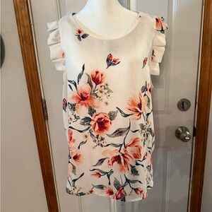 Signature Floral Ruffle Sleeve Blouse - Cream and Orange